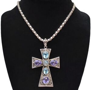 NICKY BUTLER Sterling Large Multi stone Filigree Cross Pendant Necklace 16"